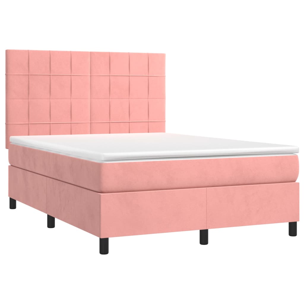 vidaXL Cama box spring c/ colchão/LED 140x200 cm veludo rosa