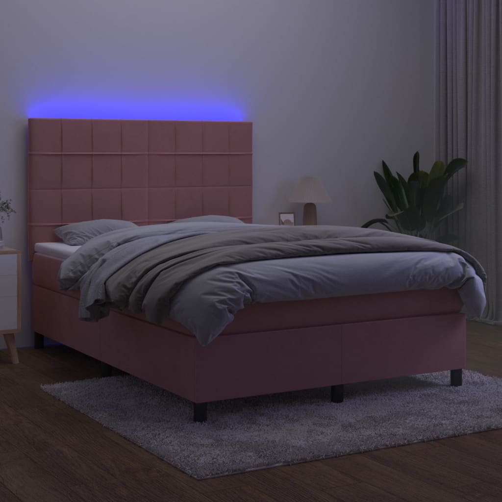 vidaXL Cama box spring c/ colchão/LED 140x200 cm veludo rosa