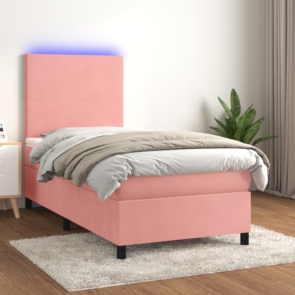 vidaXL Cama box spring c/ colchão/LED 90x200 cm veludo rosa