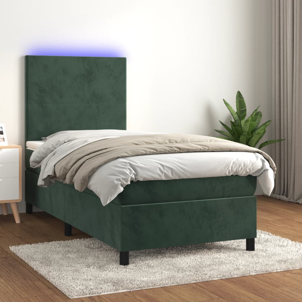 vidaXL Cama box spring c/ colchão/LED 90x200 cm veludo verde-escuro