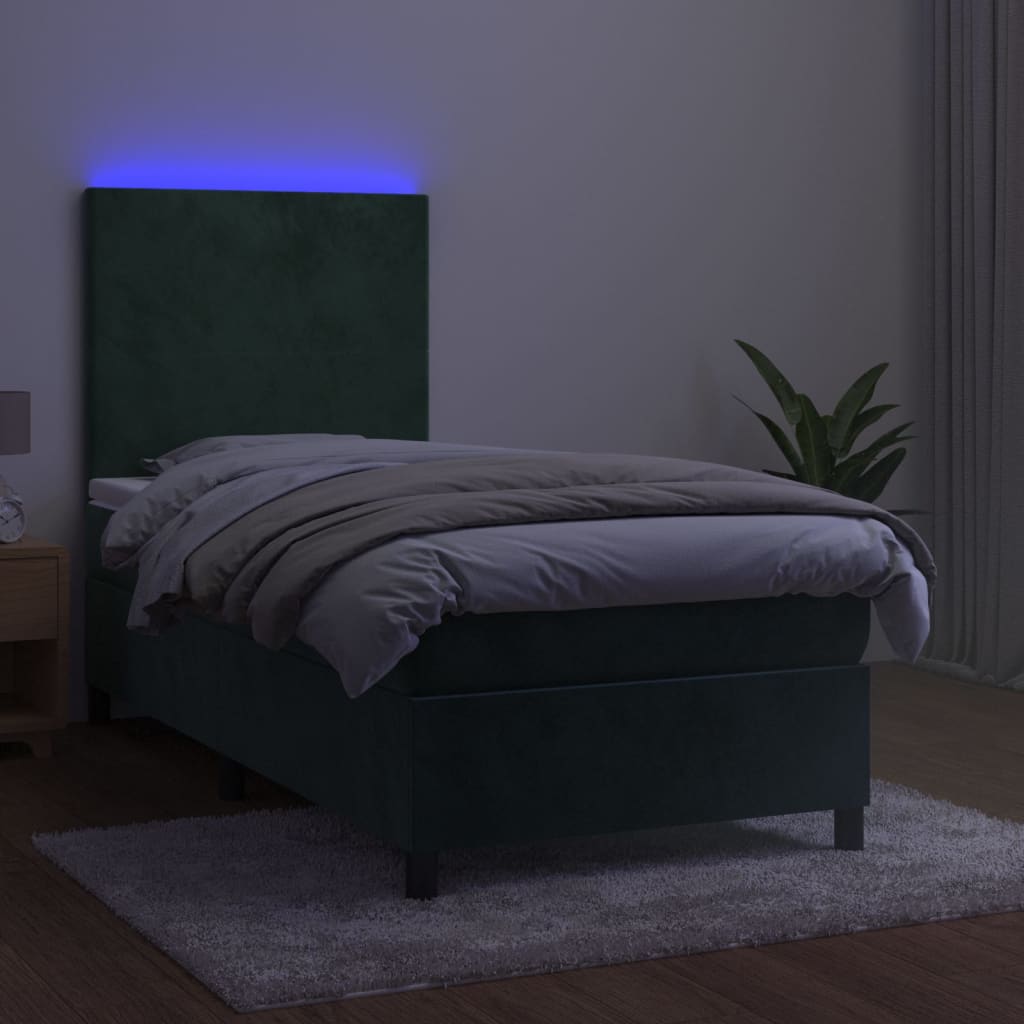 vidaXL Cama box spring c/ colchão/LED 90x200 cm veludo verde-escuro