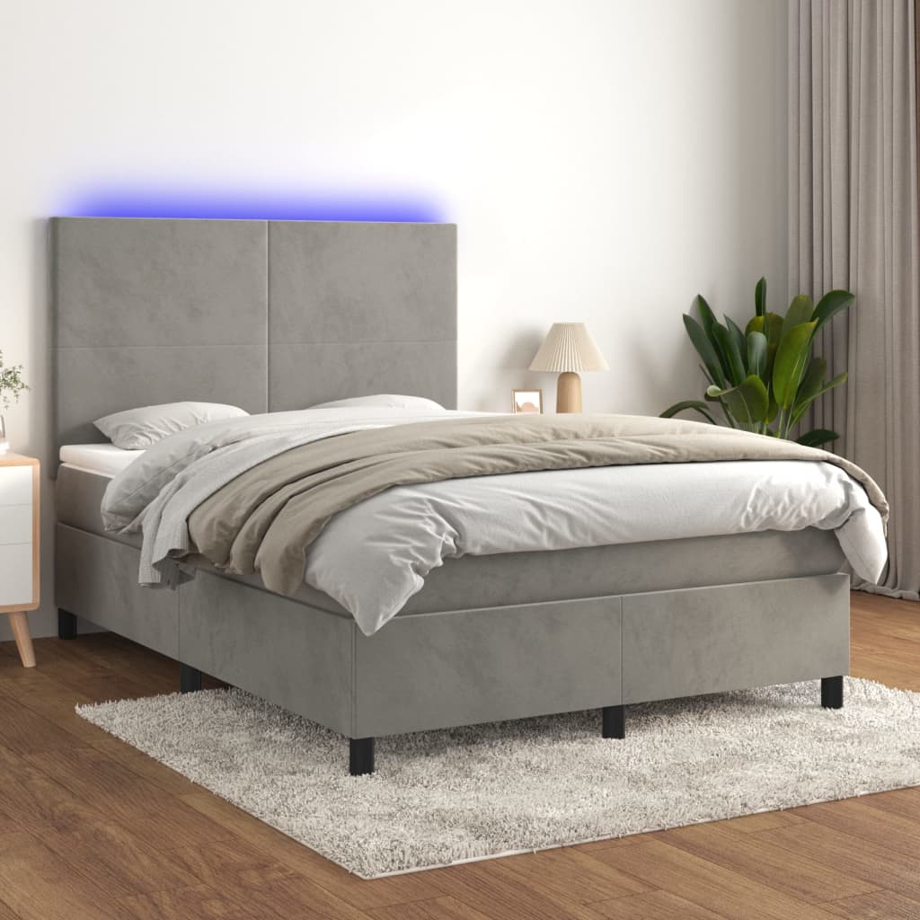 vidaXL Cama box spring c/ colchão/LED 140x190 cm veludo cinzento