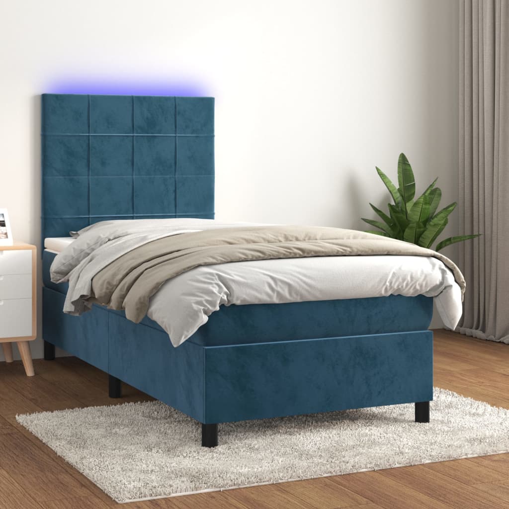 vidaXL Cama box spring c/ colchão/LED 90x200 cm veludo azul-escuro