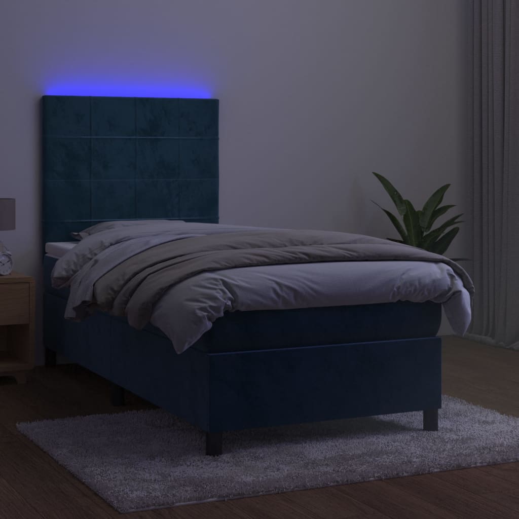 vidaXL Cama box spring c/ colchão/LED 90x200 cm veludo azul-escuro