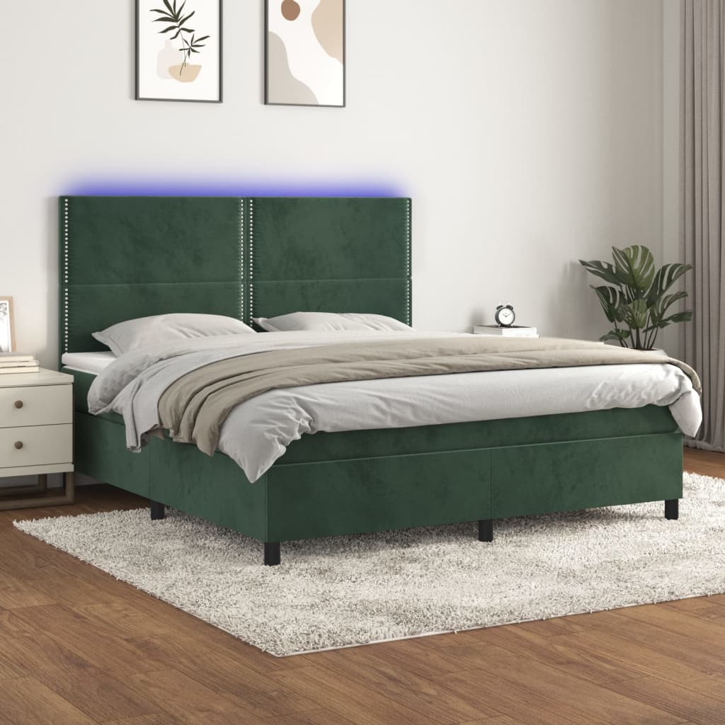 vidaXL Cama box spring c/ colchão/LED 180x200 cm veludo verde-escuro