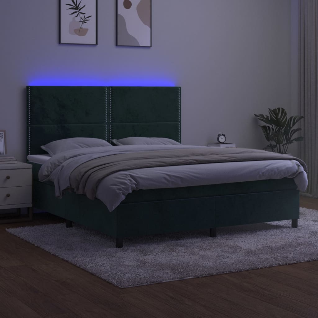 vidaXL Cama box spring c/ colchão/LED 180x200 cm veludo verde-escuro