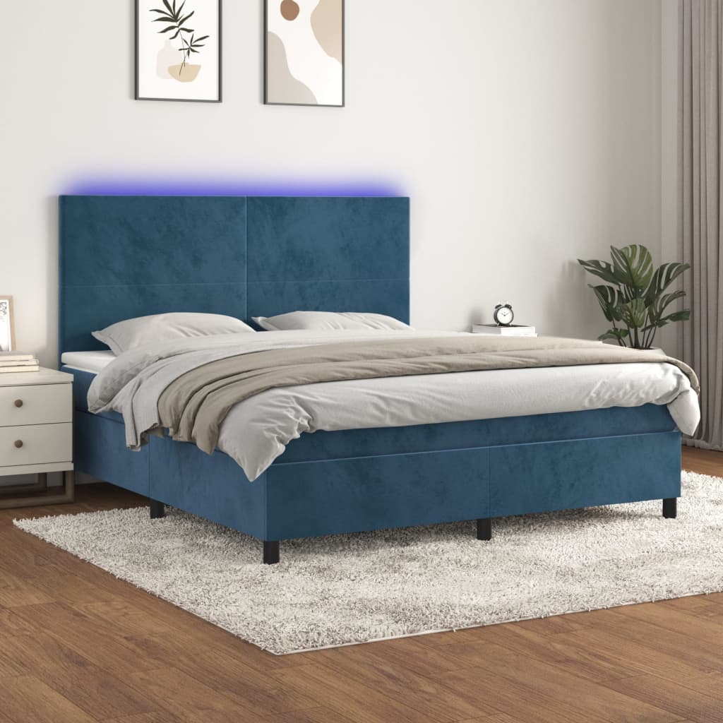 vidaXL Cama box spring c/ colchão/LED 180x200 cm veludo azul-escuro