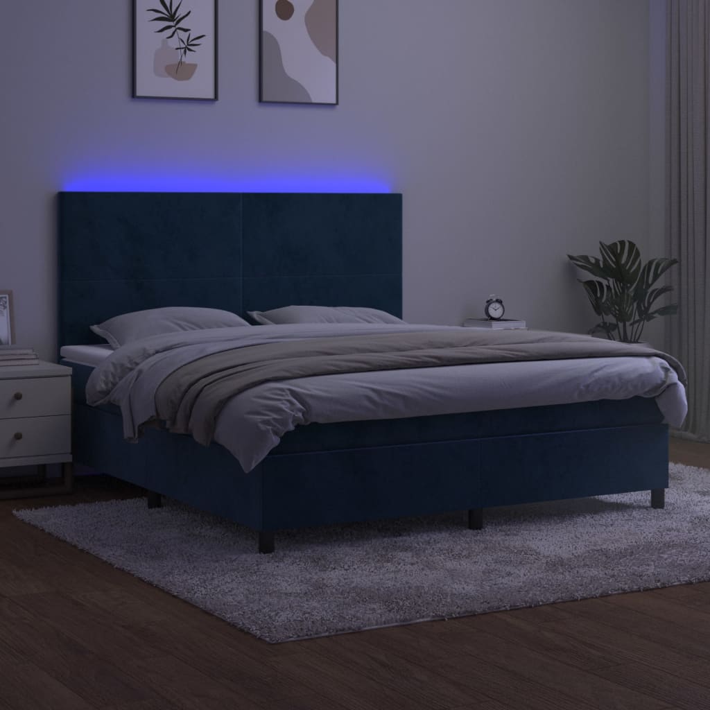 vidaXL Cama box spring c/ colchão/LED 180x200 cm veludo azul-escuro