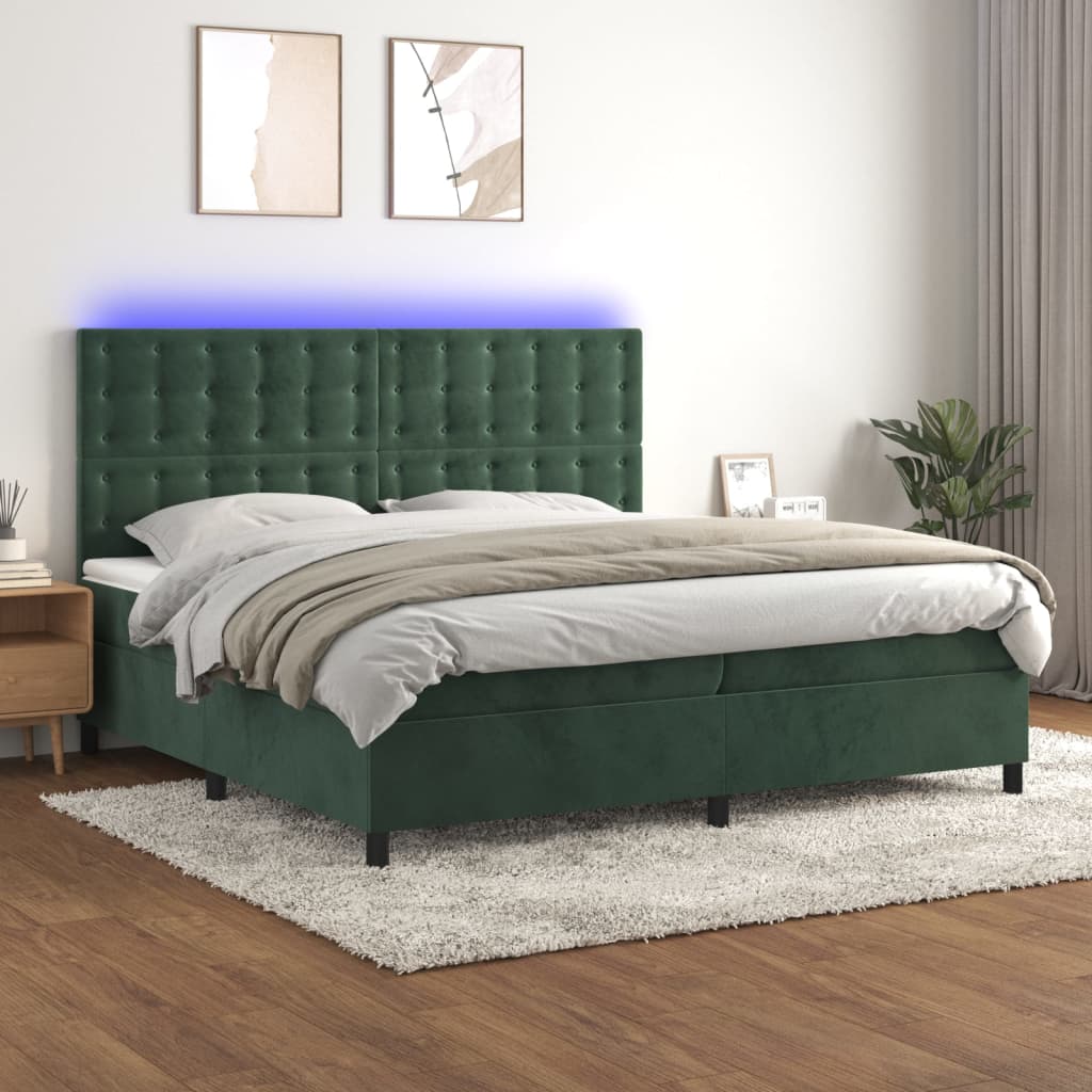 vidaXL Cama box spring c/ colchão/LED 200x200 cm veludo verde-escuro