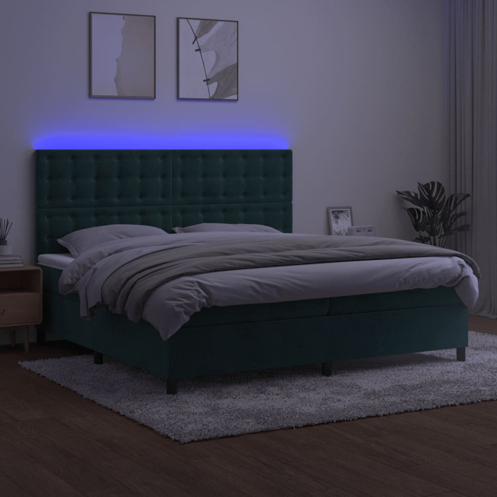 vidaXL Cama box spring c/ colchão/LED 200x200 cm veludo verde-escuro