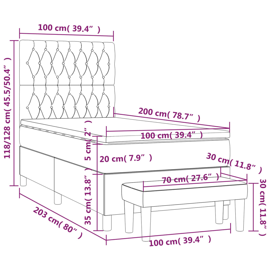 vidaXL Cama com molas/colchão 100x200 cm tecido castanho-escuro