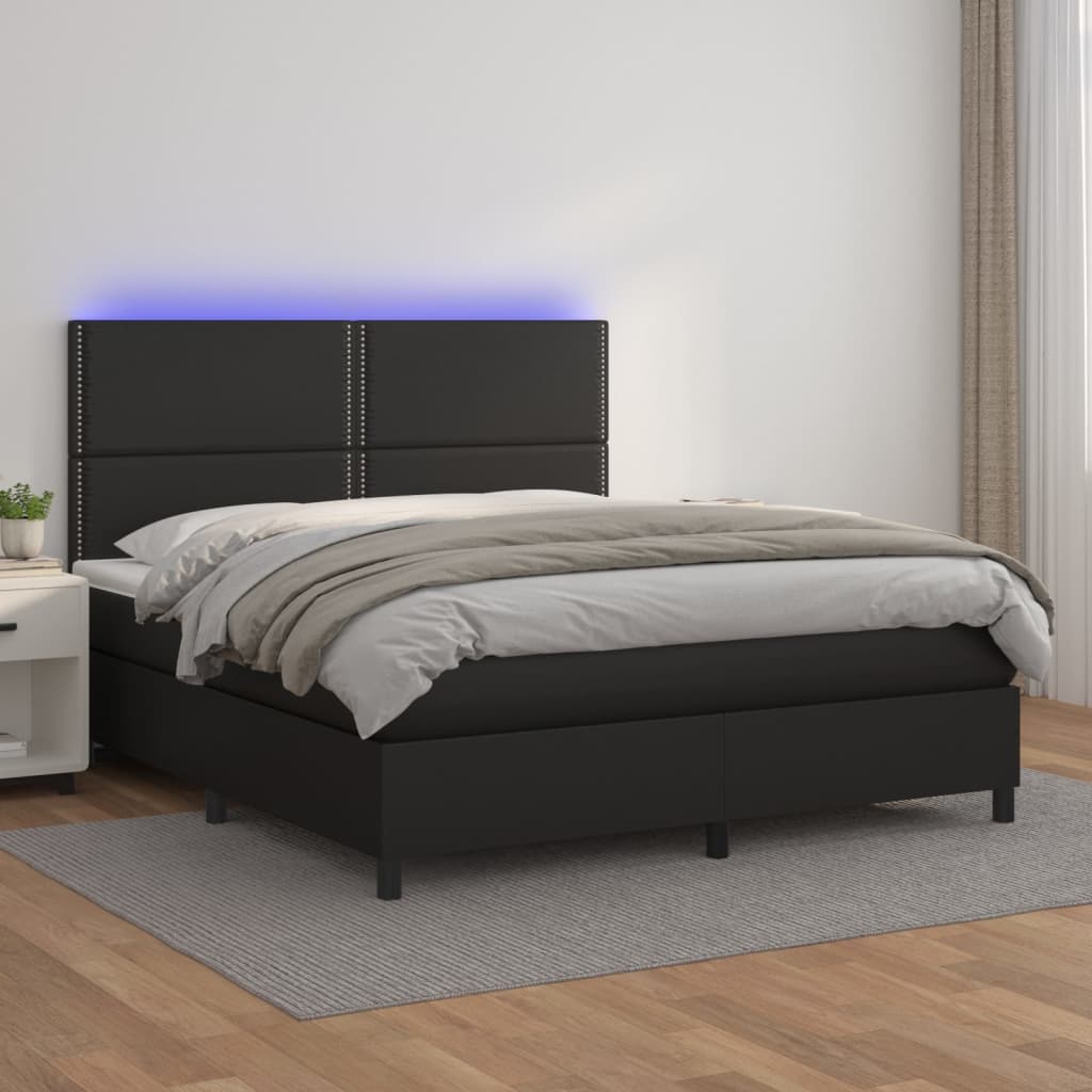 vidaXL Cama box spring c/ colchão/LED 180x200cm couro artificial preto