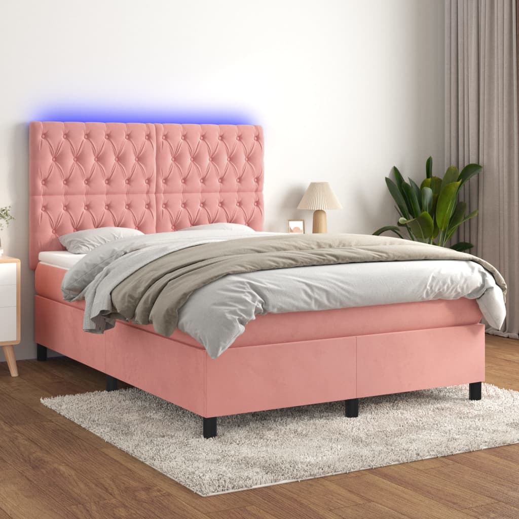 vidaXL Cama box spring c/ colchão/LED 140x190 cm veludo rosa