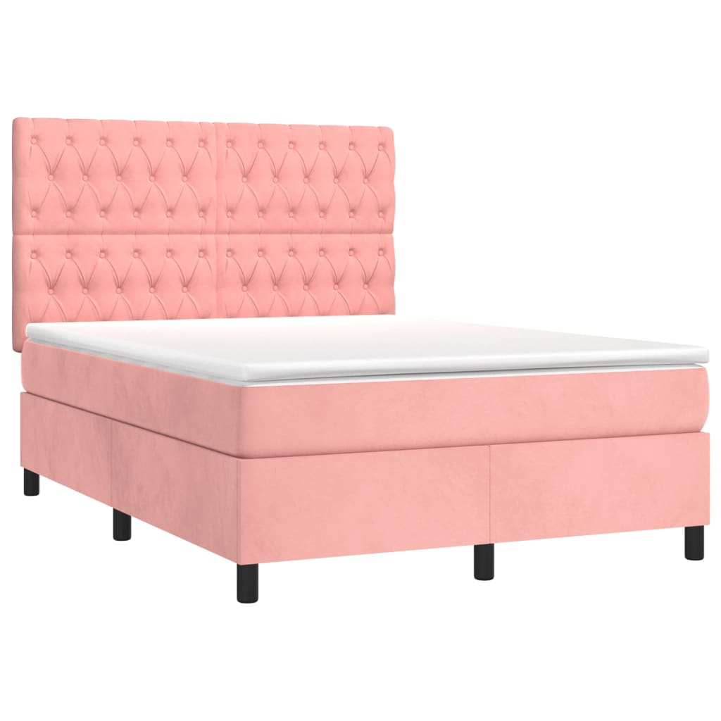 vidaXL Cama box spring c/ colchão/LED 140x190 cm veludo rosa