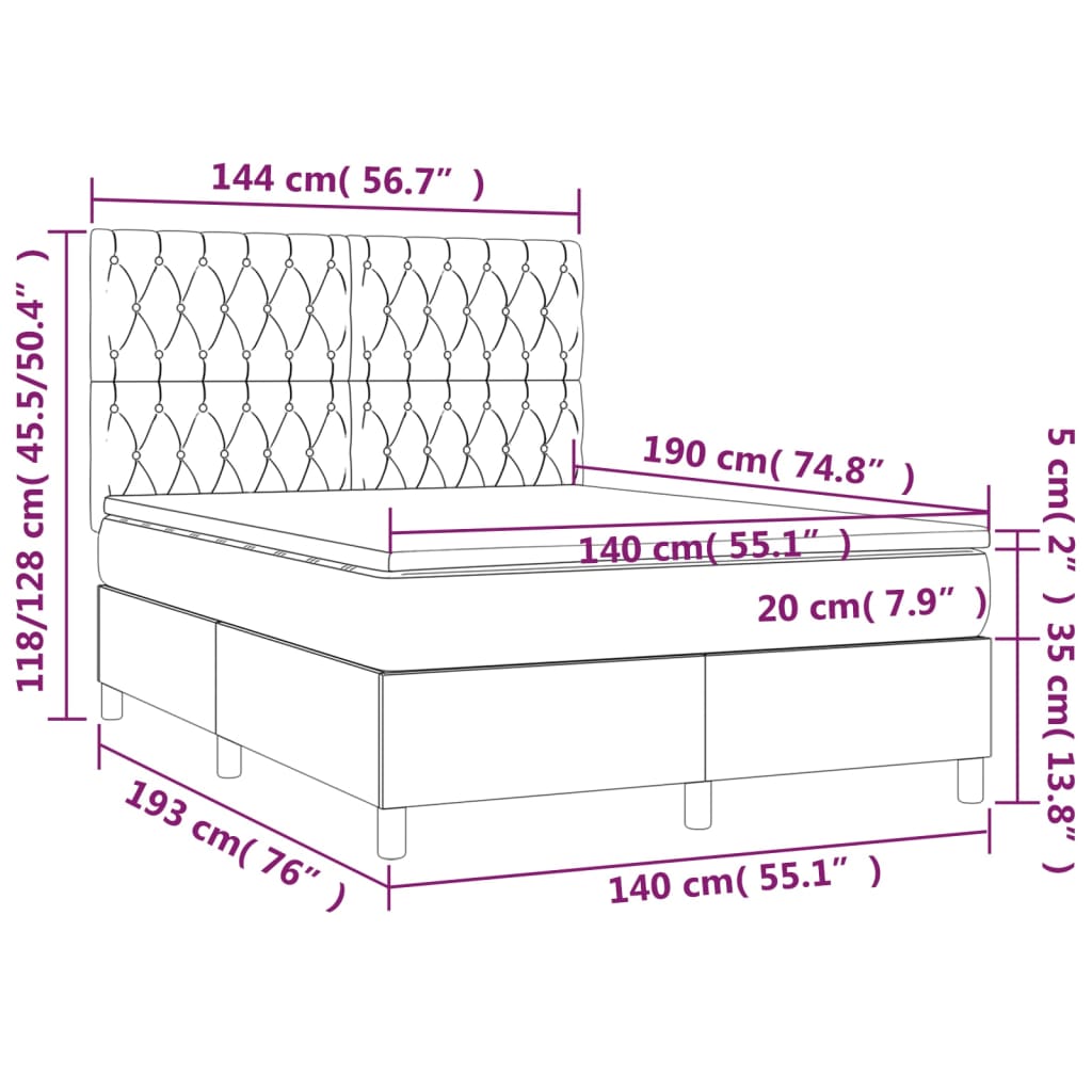 vidaXL Cama box spring c/ colchão/LED 140x190 cm veludo rosa