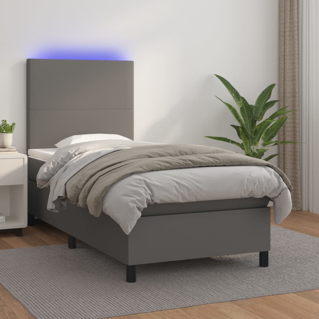 vidaXL Cama box spring c/ colchão/LED 80x200 cm couro artificial cinza