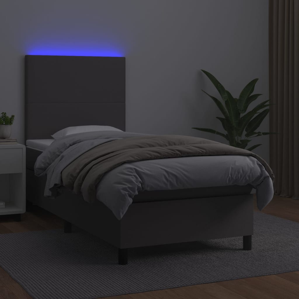 vidaXL Cama box spring c/ colchão/LED 80x200 cm couro artificial cinza