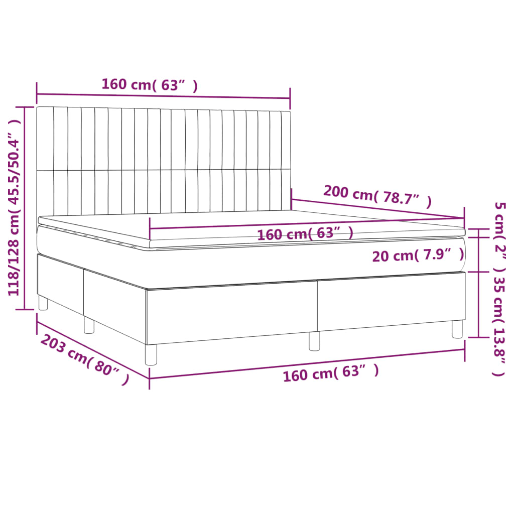 vidaXL Cama box spring colchão/LED 160x200 cm tecido cinza-acastanhado