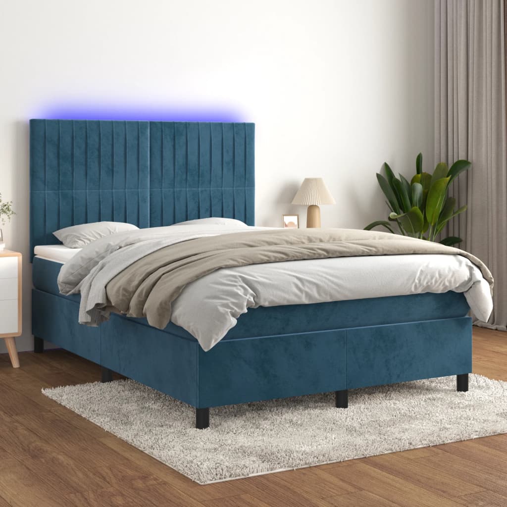 vidaXL Cama box spring c/ colchão/LED 140x190 cm veludo azul-escuro