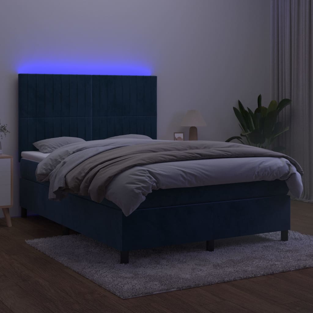 vidaXL Cama box spring c/ colchão/LED 140x190 cm veludo azul-escuro