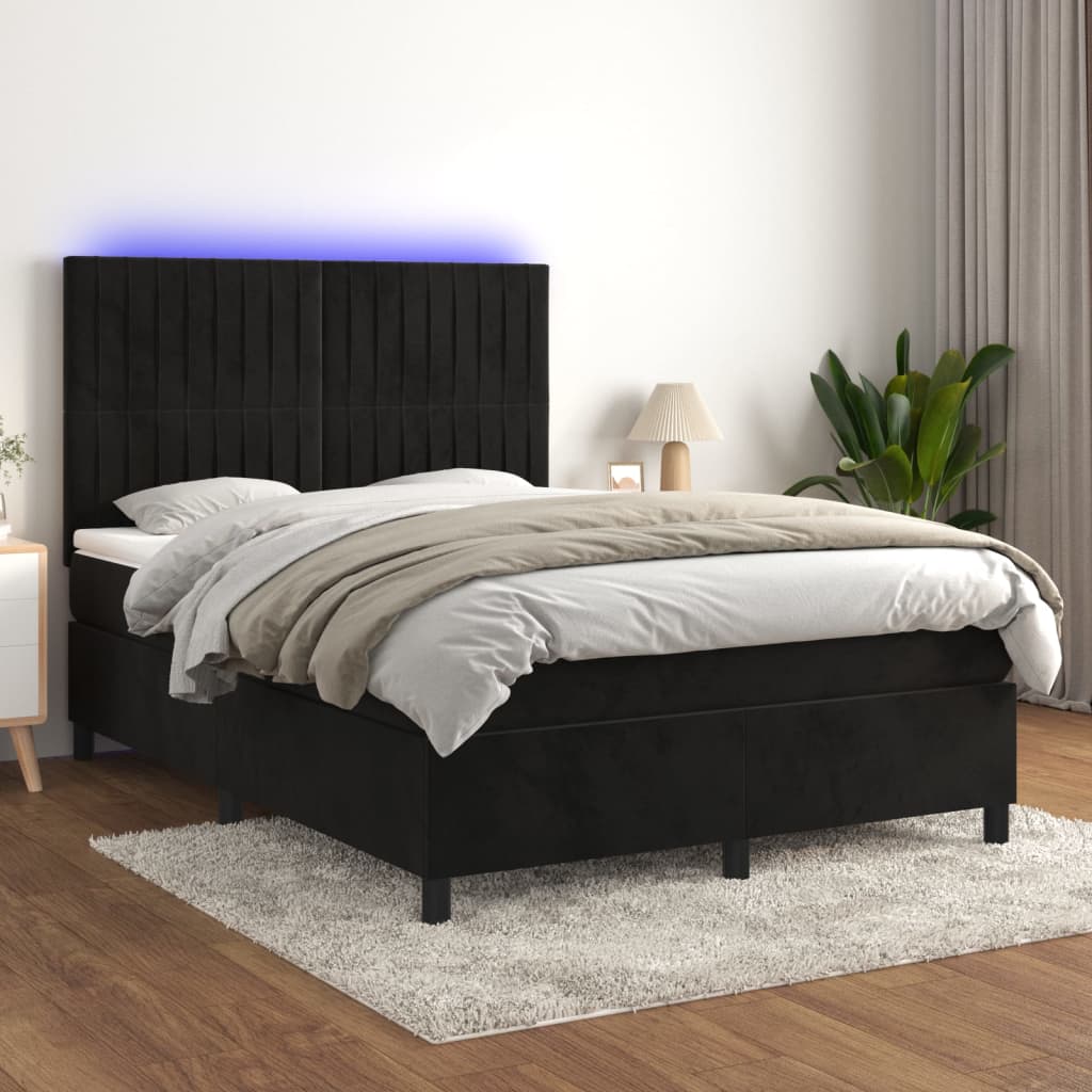 vidaXL Cama box spring c/ colchão/LED 140x190 cm veludo preto