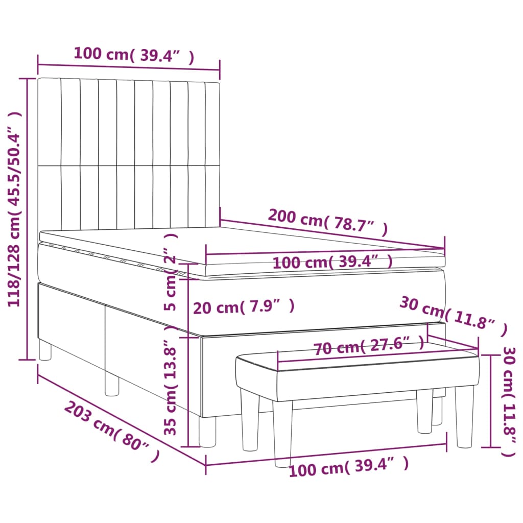 vidaXL Cama com molas/colchão 100x200 cm tecido cinzento-claro