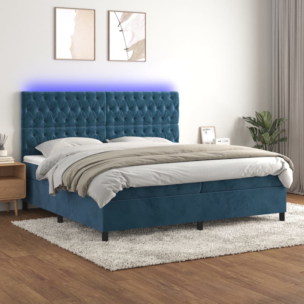 vidaXL Cama box spring c/ colchão/LED 200x200 cm veludo azul-escuro