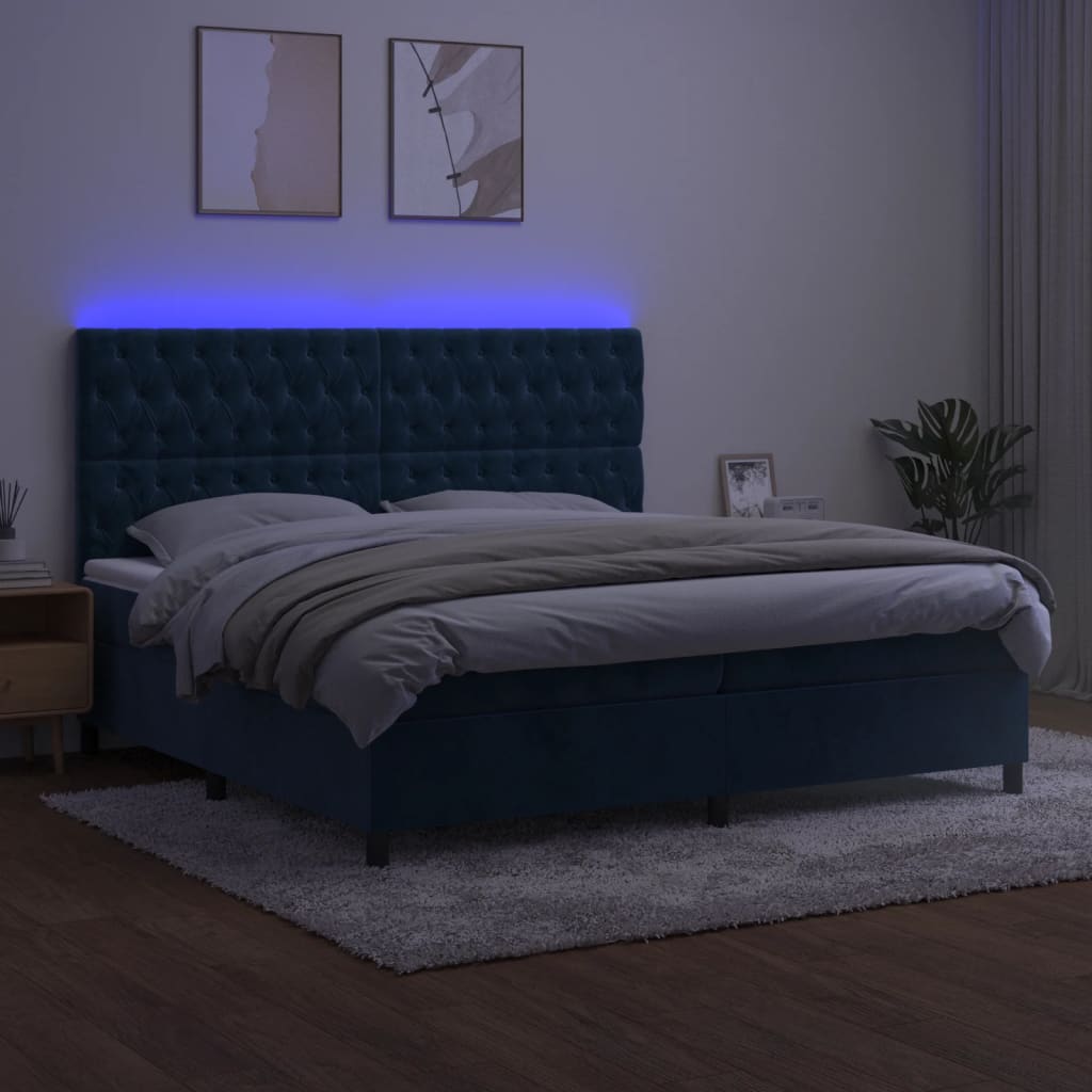 vidaXL Cama box spring c/ colchão/LED 200x200 cm veludo azul-escuro