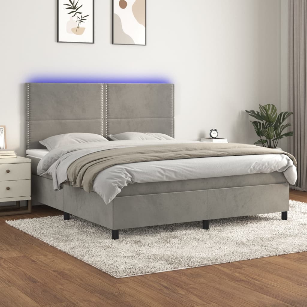 vidaXL Cama box spring c/ colchão/LED 180x200 cm veludo cinzento-claro