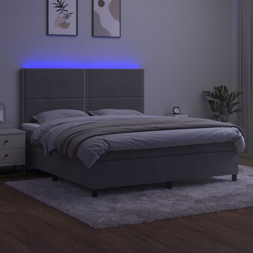 vidaXL Cama box spring c/ colchão/LED 180x200 cm veludo cinzento-claro