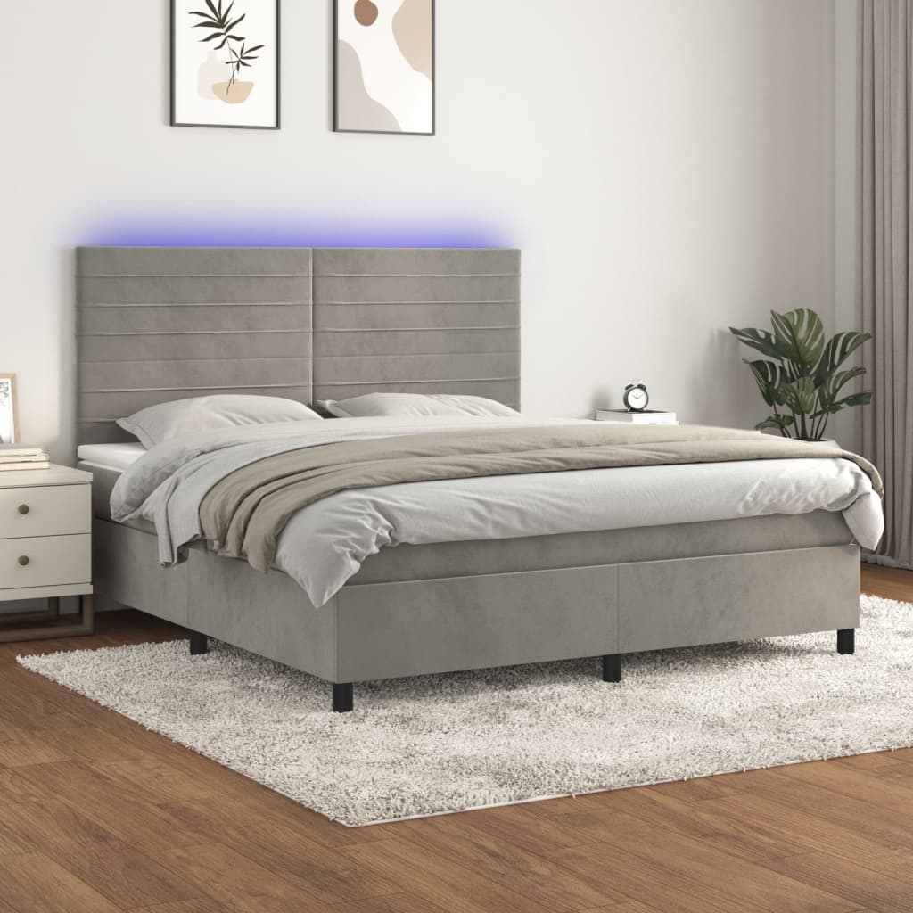 vidaXL Cama box spring c/ colchão/LED 160x200 cm veludo cinzento-claro