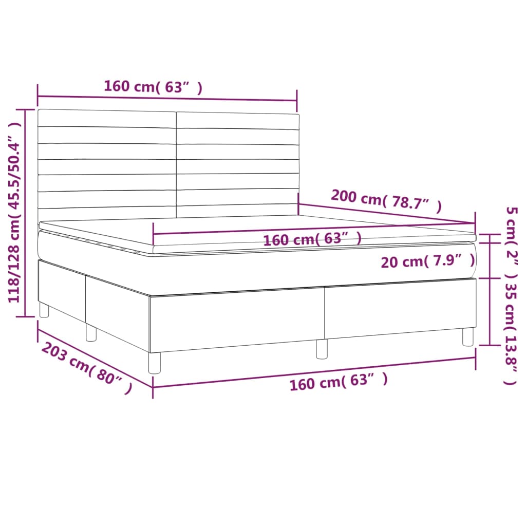 vidaXL Cama box spring c/ colchão/LED 160x200 cm veludo cinzento-claro