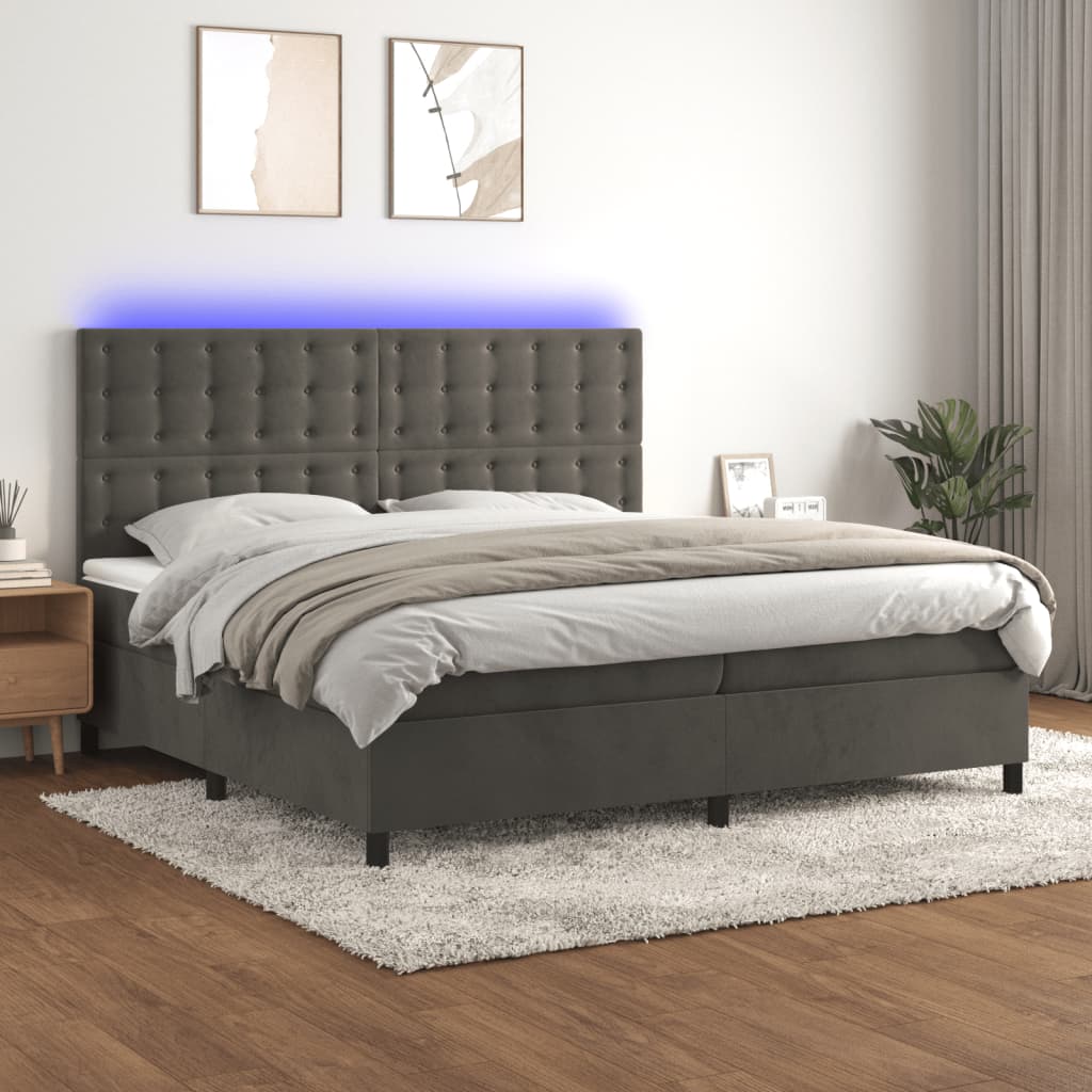 vidaXL Cama box spring c/ colchão/LED 200x200cm veludo cinzento-escuro