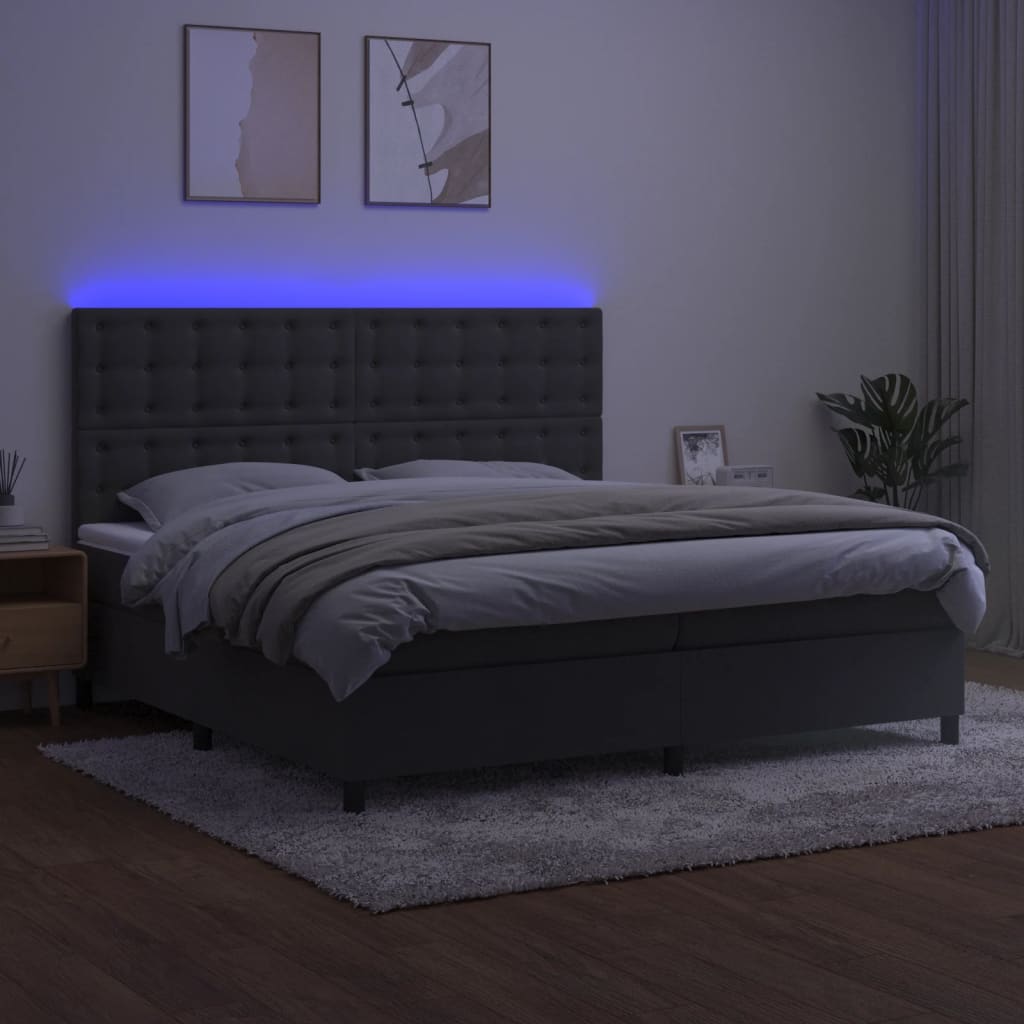 vidaXL Cama box spring c/ colchão/LED 200x200cm veludo cinzento-escuro