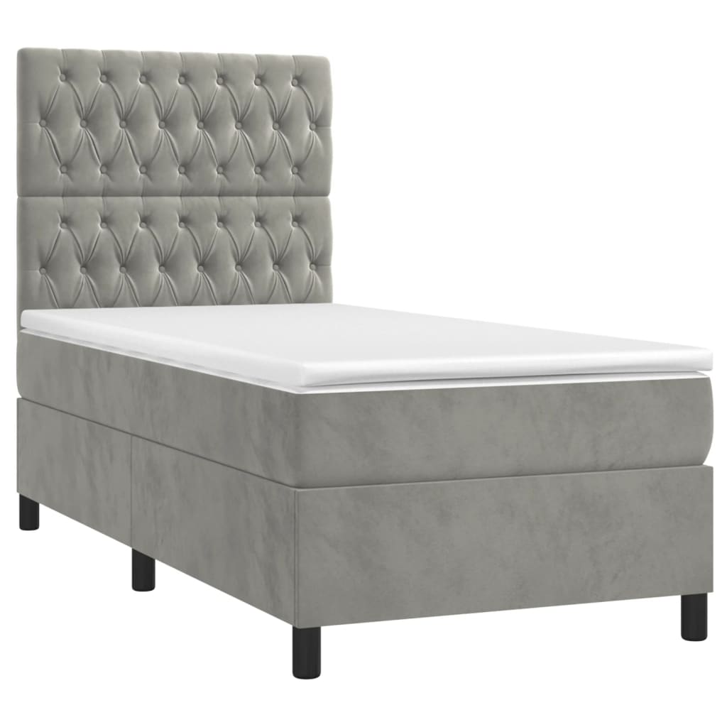 vidaXL Cama box spring c/ colchão/LED 90x200 cm veludo cinzento-claro