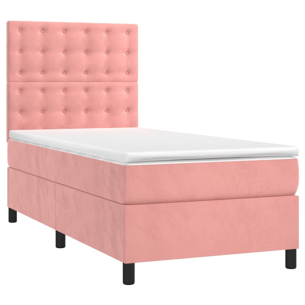 vidaXL Cama box spring c/ colchão/LED 90x200 cm veludo rosa