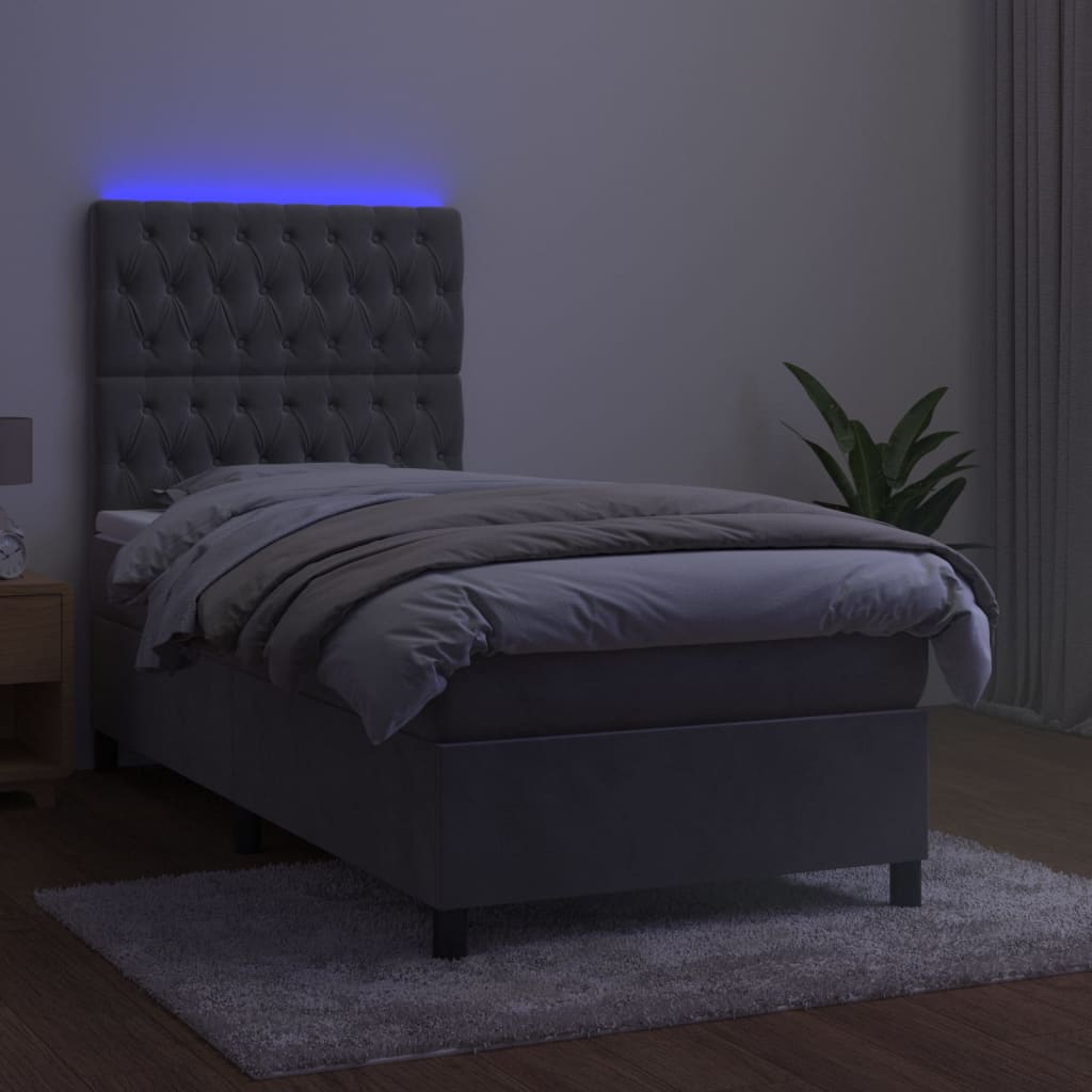 vidaXL Cama box spring c/ colchão/LED 90x200 cm veludo cinzento-claro