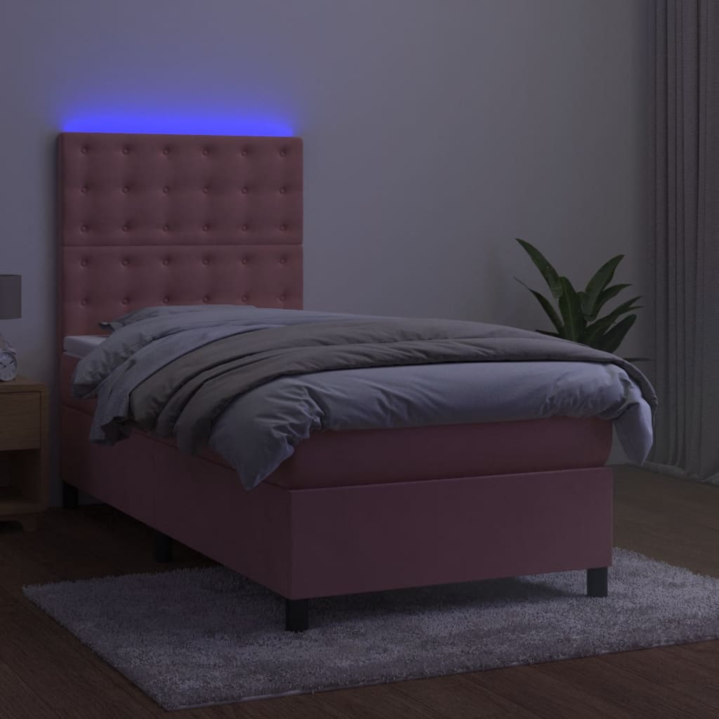 vidaXL Cama box spring c/ colchão/LED 90x200 cm veludo rosa