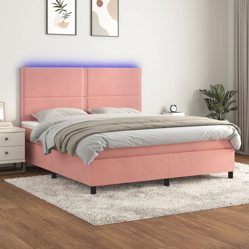 vidaXL Cama box spring c/ colchão/LED 180x200 cm veludo rosa