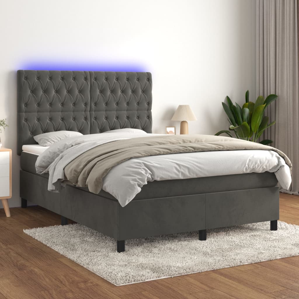 vidaXL Cama box spring c/ colchão/LED 140x200cm veludo cinzento-escuro