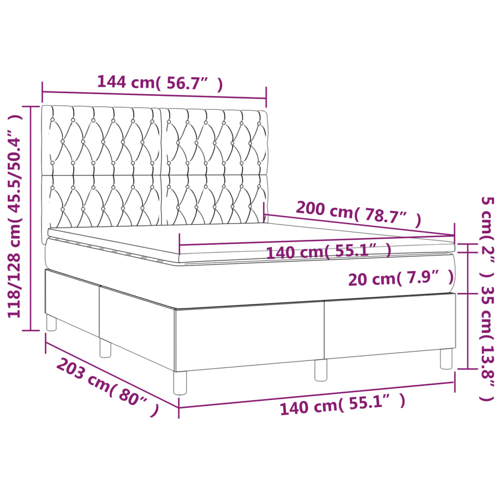 vidaXL Cama box spring c/ colchão/LED 140x200cm veludo cinzento-escuro