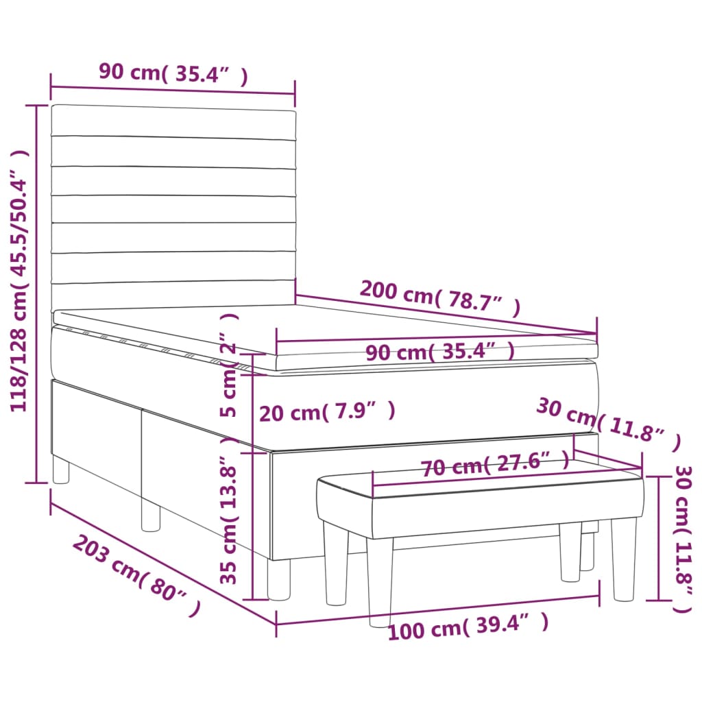 vidaXL Cama com molas/colchão 90x200 cm tecido castanho-escuro