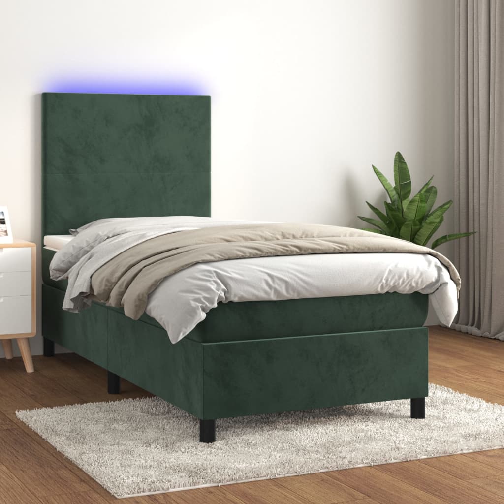 vidaXL Cama box spring c/ colchão/LED 90x190 cm veludo verde-escuro