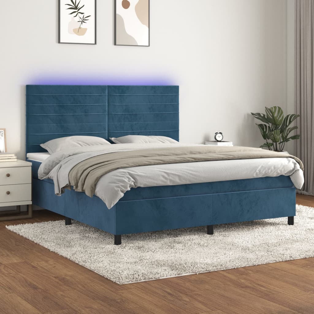 vidaXL Cama box spring c/ colchão/LED 180x200 cm veludo azul-escuro