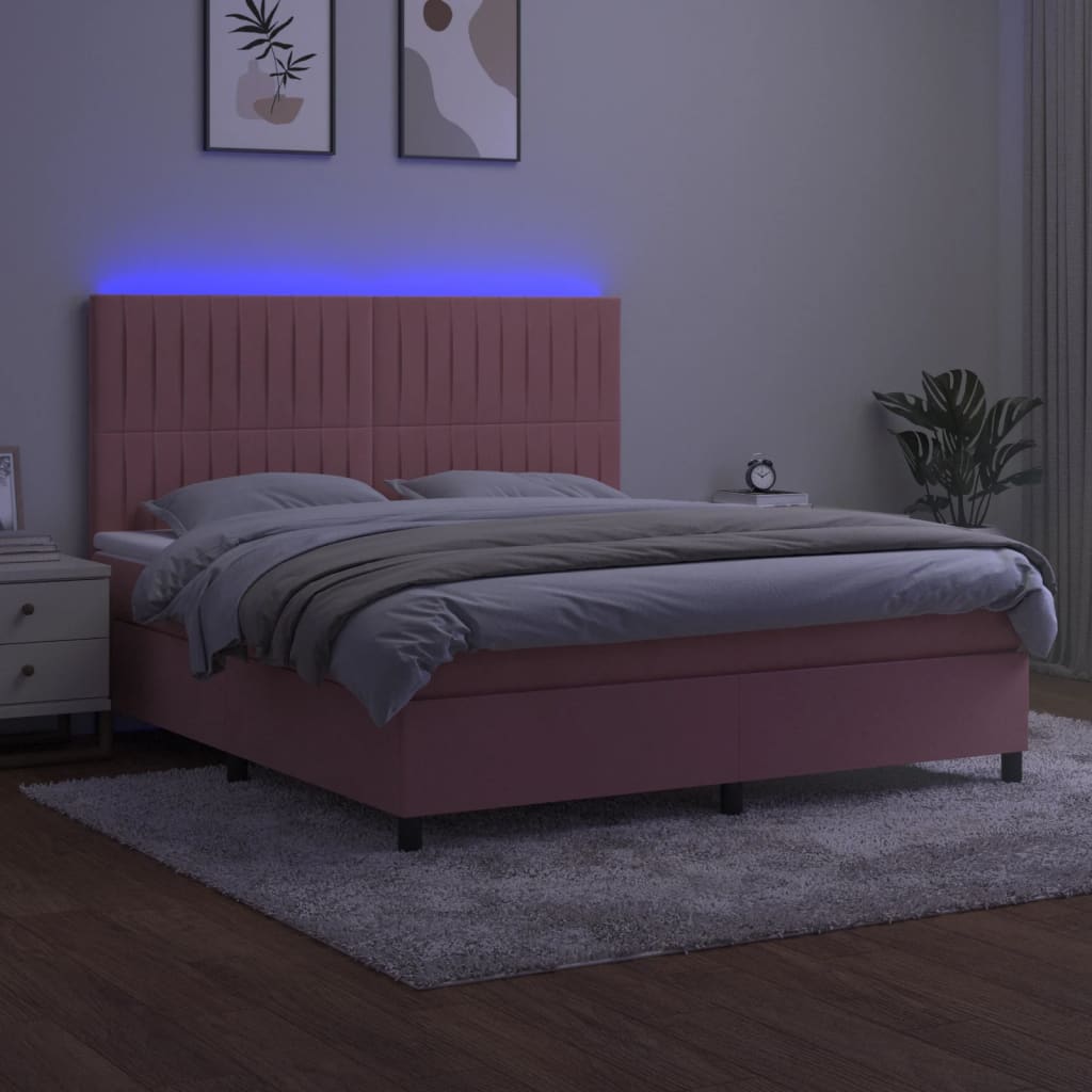 vidaXL Cama box spring c/ colchão/LED 180x200 cm veludo rosa