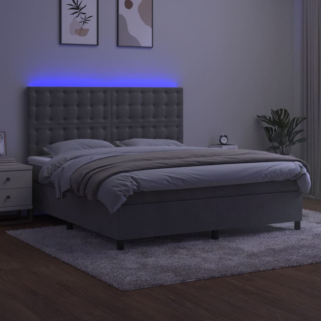 vidaXL Cama box spring c/ colchão/LED 160x200 cm veludo cinzento-claro