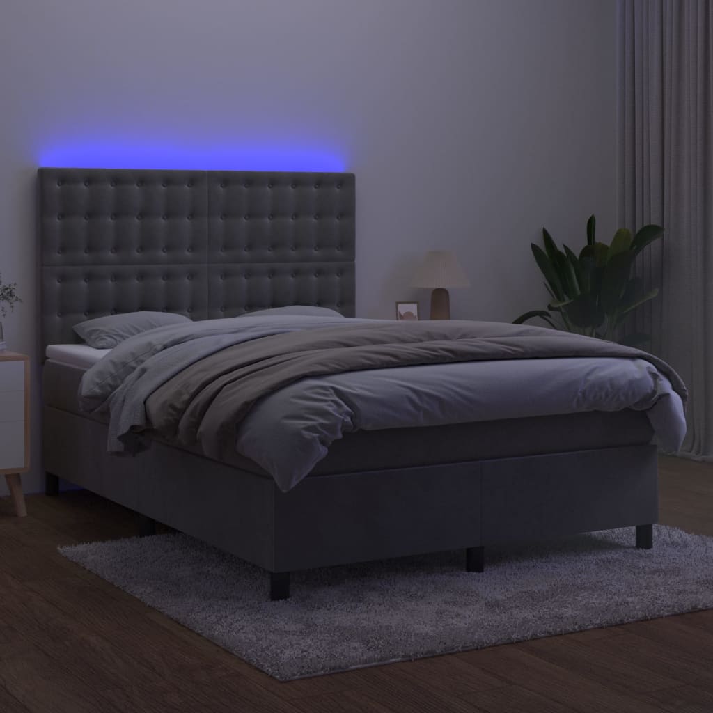 vidaXL Cama box spring c/ colchão/LED 140x190 cm veludo cinzento