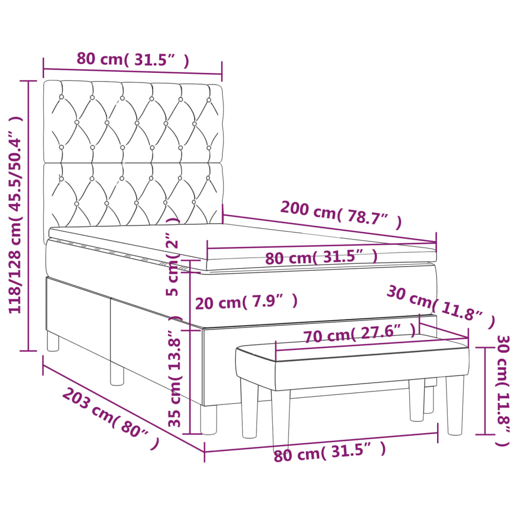 vidaXL Cama com molas/colchão 80x200 cm tecido cor crème