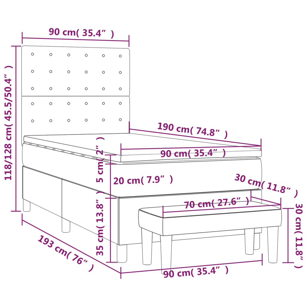 vidaXL Cama com molas/colchão 90x190 cm tecido cinza-escuro