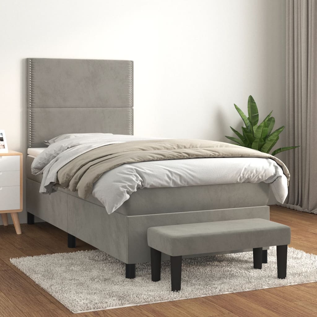 vidaXL Cama com molas/colchão 90x200 cm veludo cinza-claro